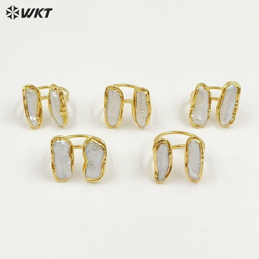 WT-R332 Classic Unique Each One Is Different Two Pearls Jewelry in Gold Plated Adjustable Natural Freshwater Pearl Rings
