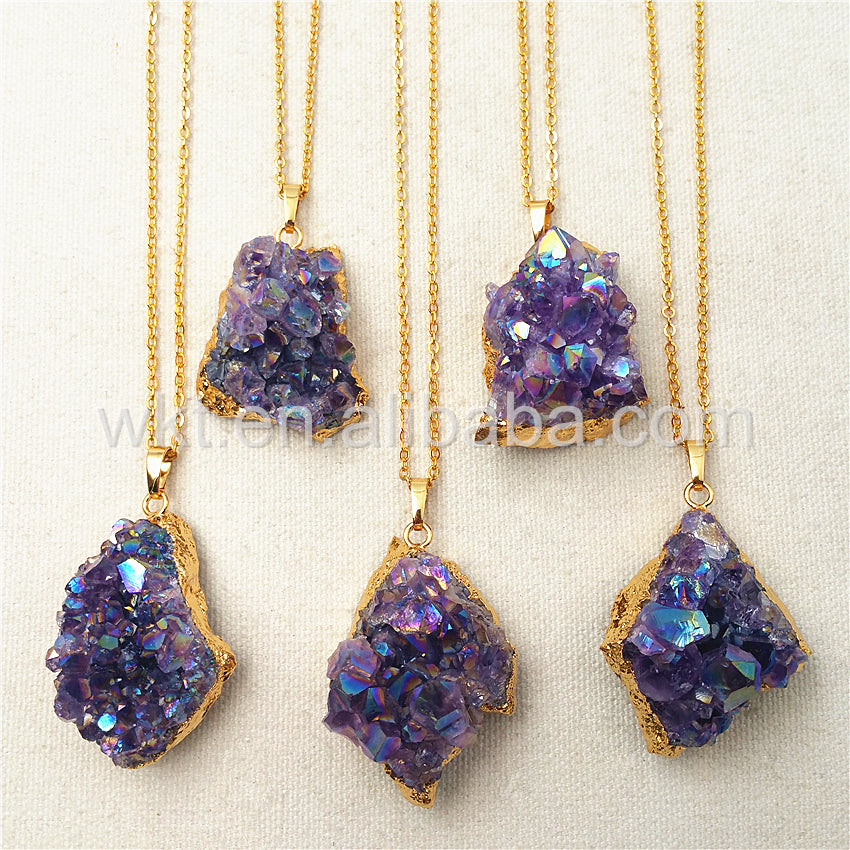 WT-N832 Amazing Natural Amethyst Cluster With Flame Angel Color Charm Necklace,Lovely Amethyst With Gold Plated Charm Necklace