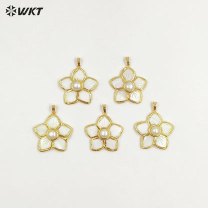 WT-JP415 How Lovely and Sweet Natural White Shell Carved Women Pearl Star Flower Pendants for Necklace
