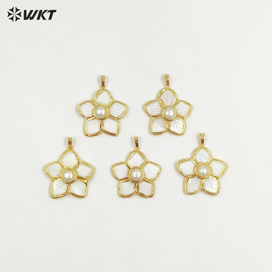 WT-JP415 How Lovely and Sweet Natural White Shell Carved Women Pearl Star Flower Pendants for Necklace