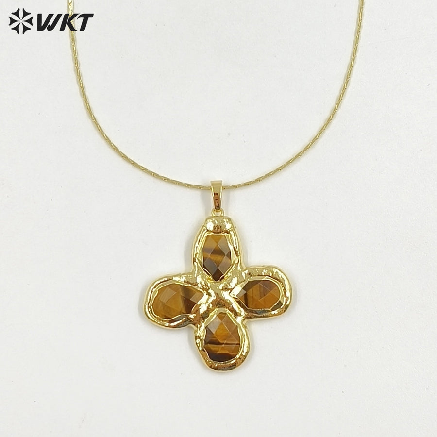 WT-N1542 Popular Fashion Gold Plated Thin Chain With Natural Gemstone Four Leaf Clover Pendant Necklace For Lady Birthday Gift