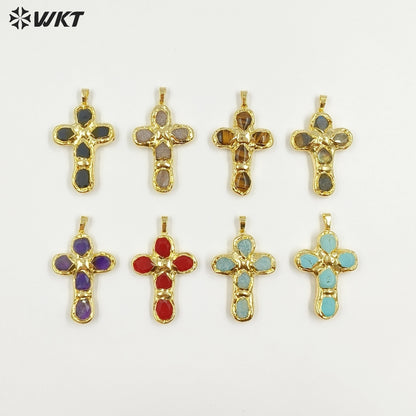 WT-P2045 Popular Sale Back Full Gold Electroplated Turquoise Natural Gemstones Cross Pendants As Fashion Necklace DIY Findings