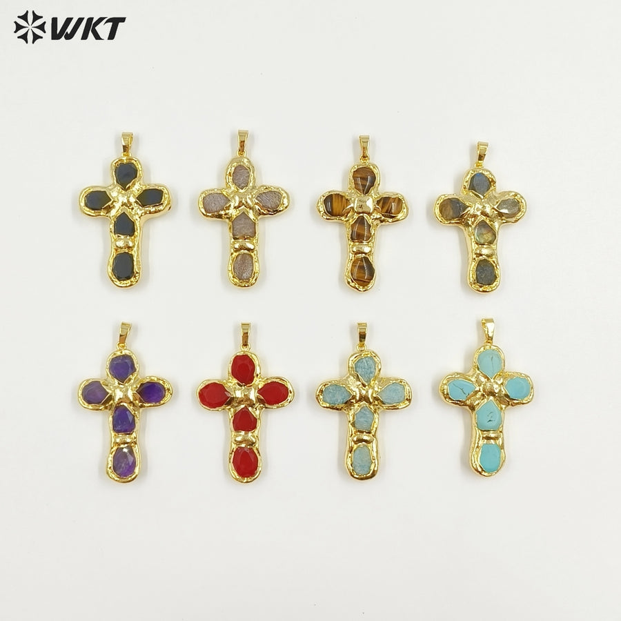 WT-P2045 Popular Sale Back Full Gold Electroplated Turquoise Natural Gemstones Cross Pendants As Fashion Necklace DIY Findings