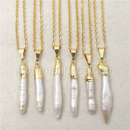 WT-N830 5*30mm New Wholesale Elegant Long Pearl Stick Pendant Necklace, Natural Pearl With Gold Plated Pendant Necklace