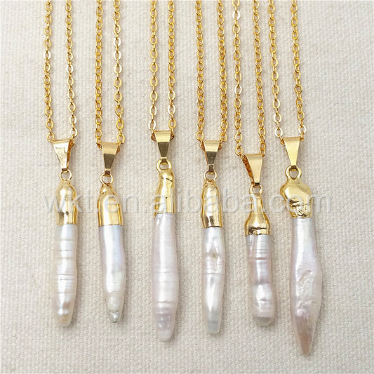 WT-N830 5*30mm New Wholesale Elegant Long Pearl Stick Pendant Necklace, Natural Pearl With Gold Plated Pendant Necklace