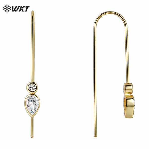 WT-ME115 Exquisite Long Bending Shape Temperament Earrings With Double Zircon Paved Yellow Brass Women Simple Decorated