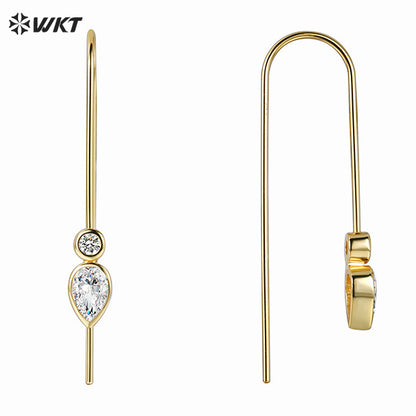 WT-ME115 Exquisite Long Bending Shape Temperament Earrings With Double Zircon Paved Yellow Brass Women Simple Decorated