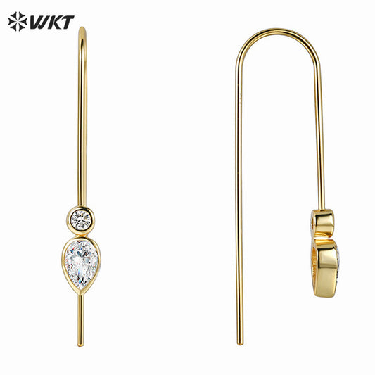 WT-ME115 Exquisite Long Bending Shape Temperament Earrings With Double Zircon Paved Yellow Brass Women Simple Decorated