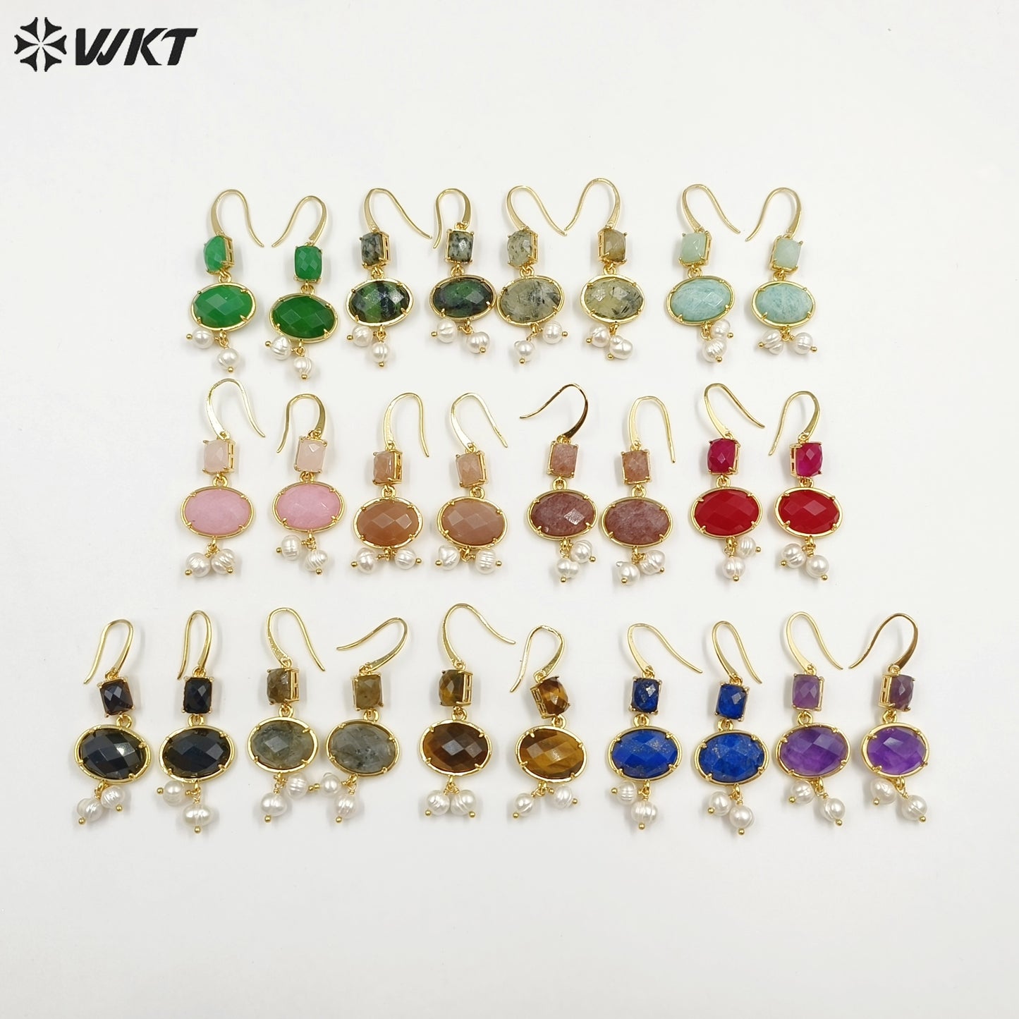 WT-MPE110 Bohemia Elegant Natural Pearl and Stone 18k Gold Plated Gift for Women Weeding 58mm Romantic Pendant Earrings