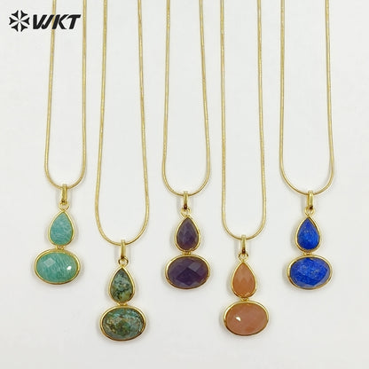 WT-N1537 Trendy Minimalism Gold Plated Thin Chain With Natural Gemstone Gourd Shape Pendant Necklace For Women Daily Wearing
