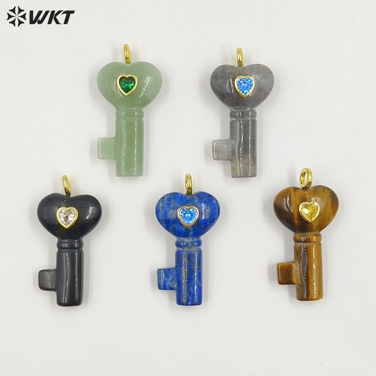 WT-P2057 New Fashion Heart Shape Colorful Zircon And Natural Gemstones Carved Key Pendants For Friend Lovely Gift Making