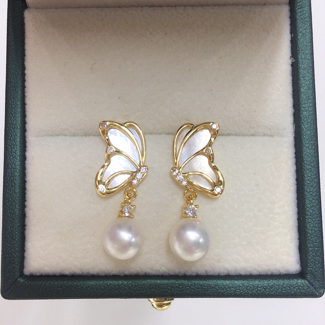 WT-MPE175 Exquisite Gold Plated Zircon And Round Mother Of Pearl Butterfly Earrings As Lady Daily Wearing Elegant Accessory