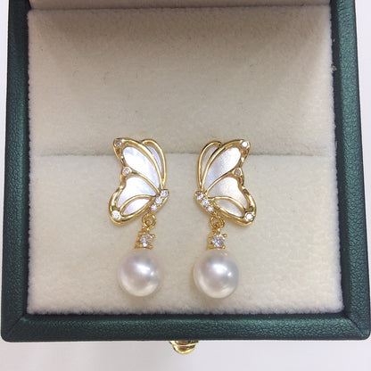 WT-MPE175 Exquisite Gold Plated Zircon And Round Mother Of Pearl Butterfly Earrings As Lady Daily Wearing Elegant Accessory