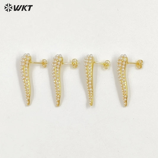 WT-ME126 Wholesale Unique Jewelry Hot Pepper Shape Metal Brass Gold Plated With Artificial Pearl Earrings Women Fashion Style