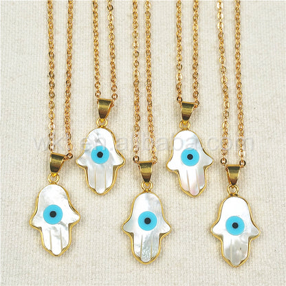 WT-N769 Wholesale 18K Gold Bezel Natural Sea Shell Hand Charm Necklace Turkey Eye Necklace