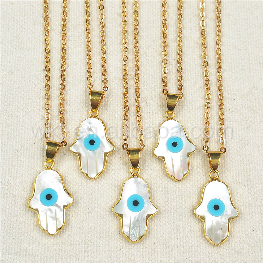 WT-N769 Wholesale 18K Gold Bezel Natural Sea Shell Hand Charm Necklace Turkey Eye Necklace