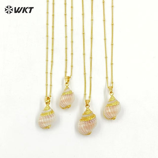 WT-JN023 New Arrivals! Wholesale Natural Shell Necklace Genuine Sea Shell Trumpet Pendants With Gold Color Plated for Lady Girl