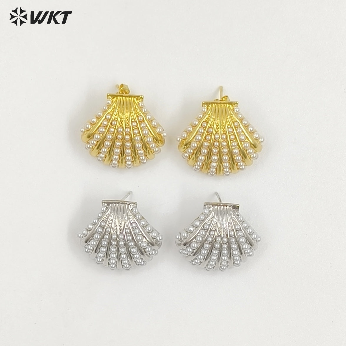 WT-ME124 New Arrival Delicate Gold And Silver Electroplated Brass With Artificial Pearl Shell Shape Earrings For Lovely Gift