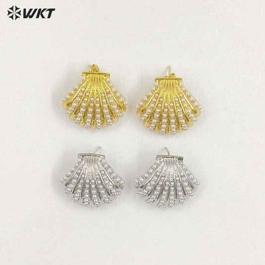 WT-ME124 New Arrival Delicate Gold And Silver Electroplated Brass With Artificial Pearl Shell Shape Earrings For Lovely Gift
