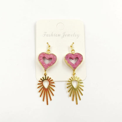 WT-E747 Wholesale Fashion New 18k Gold Plated Hollow Design Lovely Druzy Quartz Made Heart and Leaf Stone Earrings