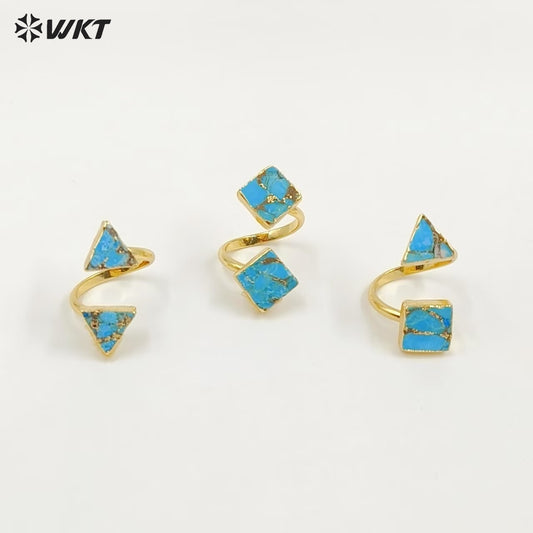 WT-R394 WKT 2022 Luxury Women's Jewelry 18k Real Gold Plated Copper Turquoise Stone for Lady Ring Gems Double Stone Ring
