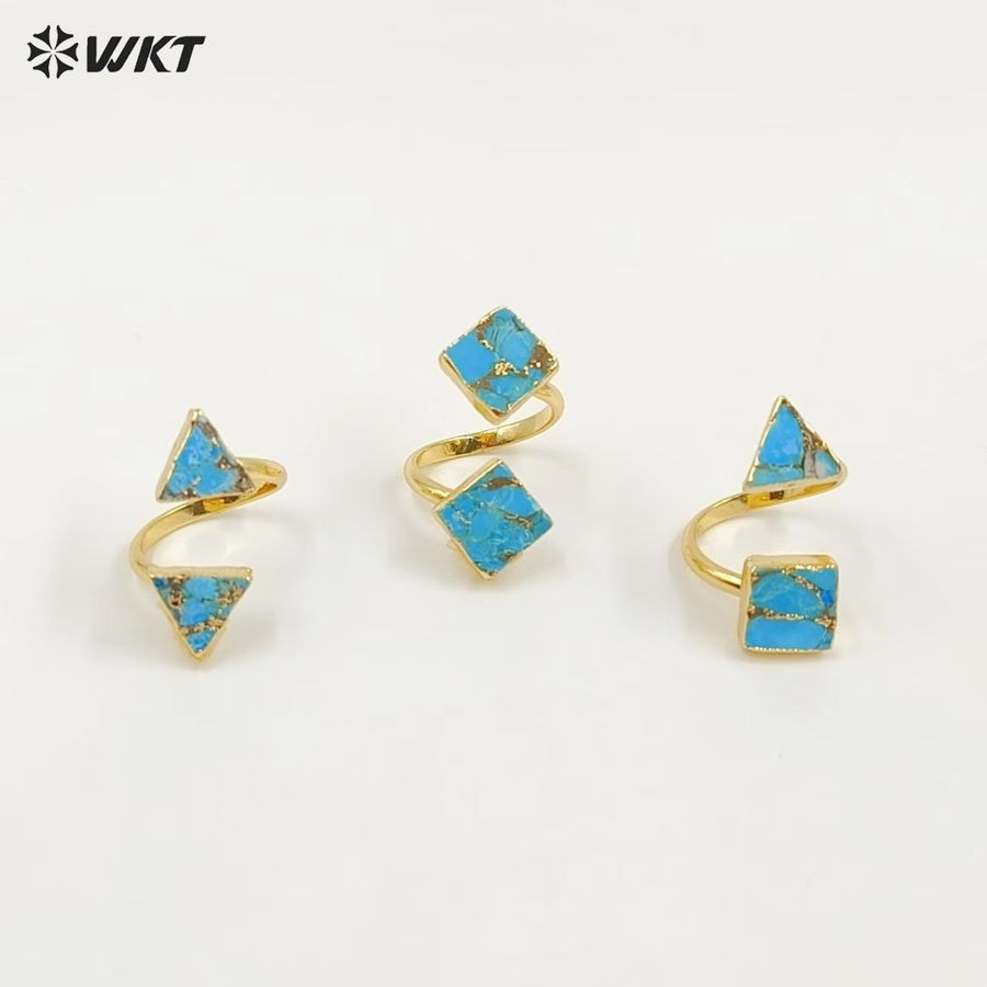WT-R394 WKT 2022 Luxury Women's Jewelry 18k Real Gold Plated Copper Turquoise Stone for Lady Ring Gems Double Stone Ring