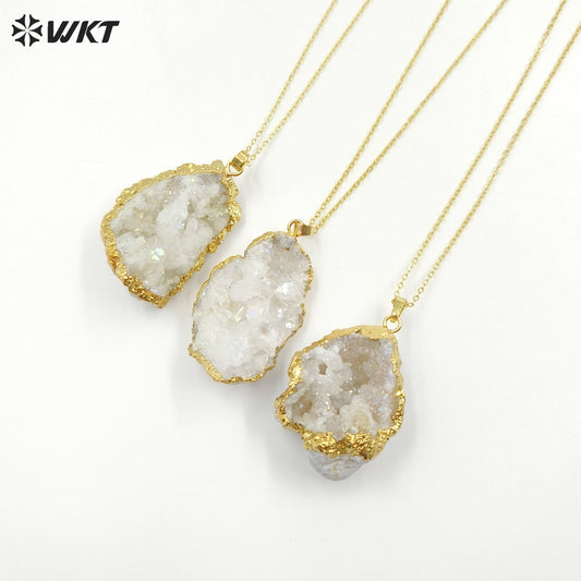 WT-N336 Wholesale Fashion Gold Plated Natural Geode Druzy White Crystal Quartz Hole Pendant Necklace Raw Stone