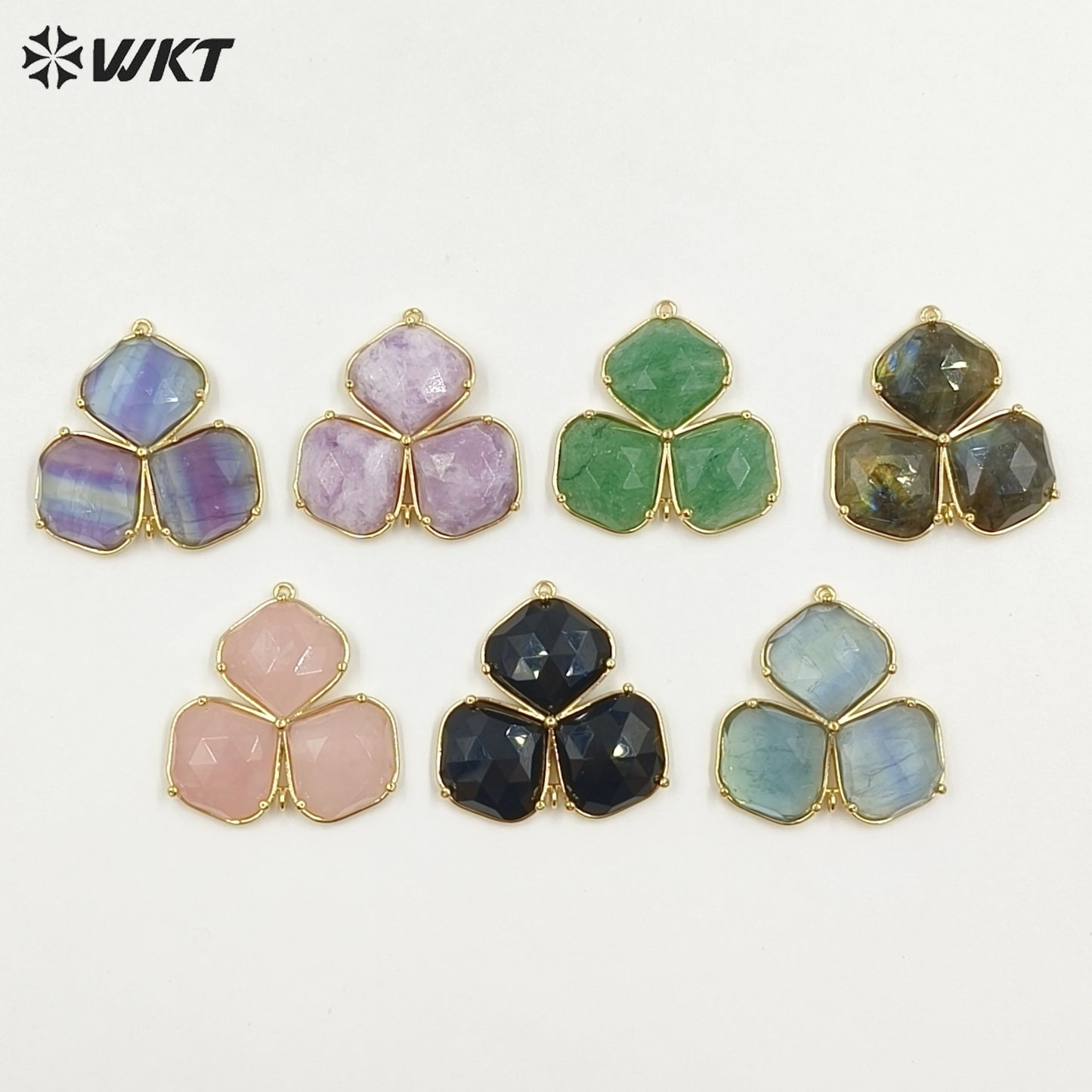 WT-P2129 Beautiful Gold Electroplated Three Natural Gemstones Leaf Shape Pendants As Handmade Jewelry Decorative Findings