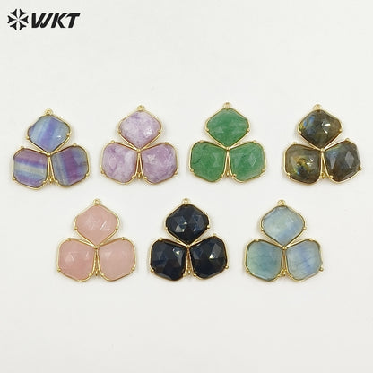 WT-P2129 Beautiful Gold Electroplated Three Natural Gemstones Leaf Shape Pendants As Handmade Jewelry Decorative Findings
