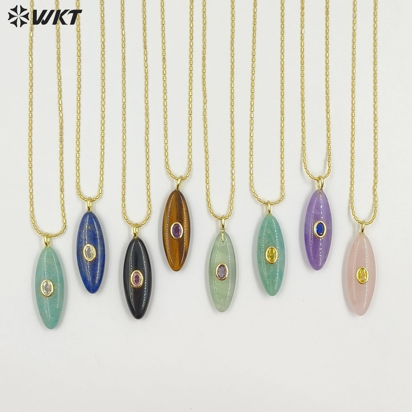 WT-N1509 High Quality Thin Chain Gold Electroplated Natural Gemstones With Zircon Long Oval Shape Pendant Necklaces As Lady Gift