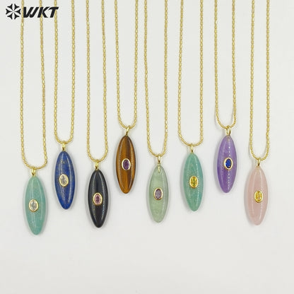 WT-N1509 High Quality Thin Chain Gold Electroplated Natural Gemstones With Zircon Long Oval Shape Pendant Necklaces As Lady Gift