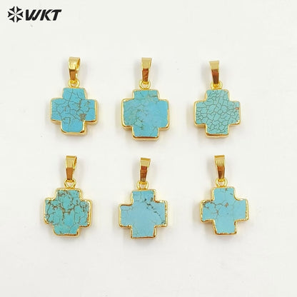 WT-P952 Vintage 18K Real Gold Plated Natural Turquoise Made Cross Pendant Bohemian Green Stone Jewelry Charms for Necklace