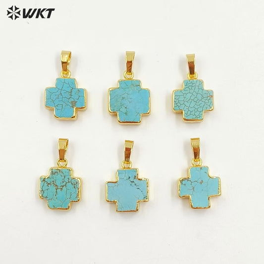 WT-P952 Vintage 18K Real Gold Plated Natural Turquoise Made Cross Pendant Bohemian Green Stone Jewelry Charms for Necklace