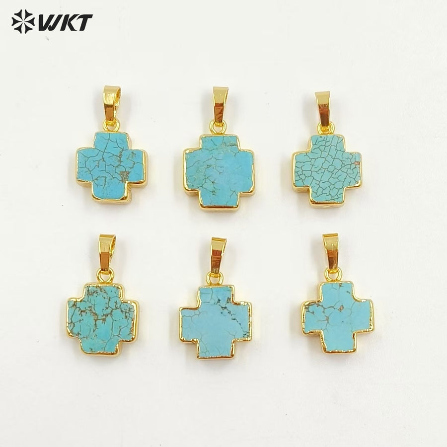 WT-P952 Vintage 18K Real Gold Plated Natural Turquoise Made Cross Pendant Bohemian Green Stone Jewelry Charms for Necklace