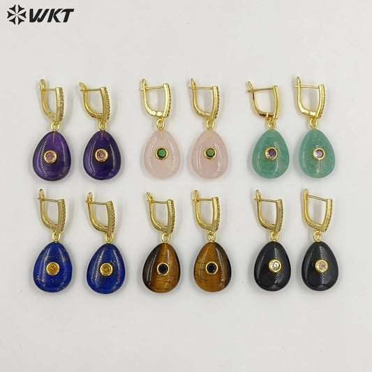 WT-E798 Beautiful Classic Gold Plated Natural Gemstones Setting In Zircon Waterdrop Shape Earrings As Lady Daily Decoration