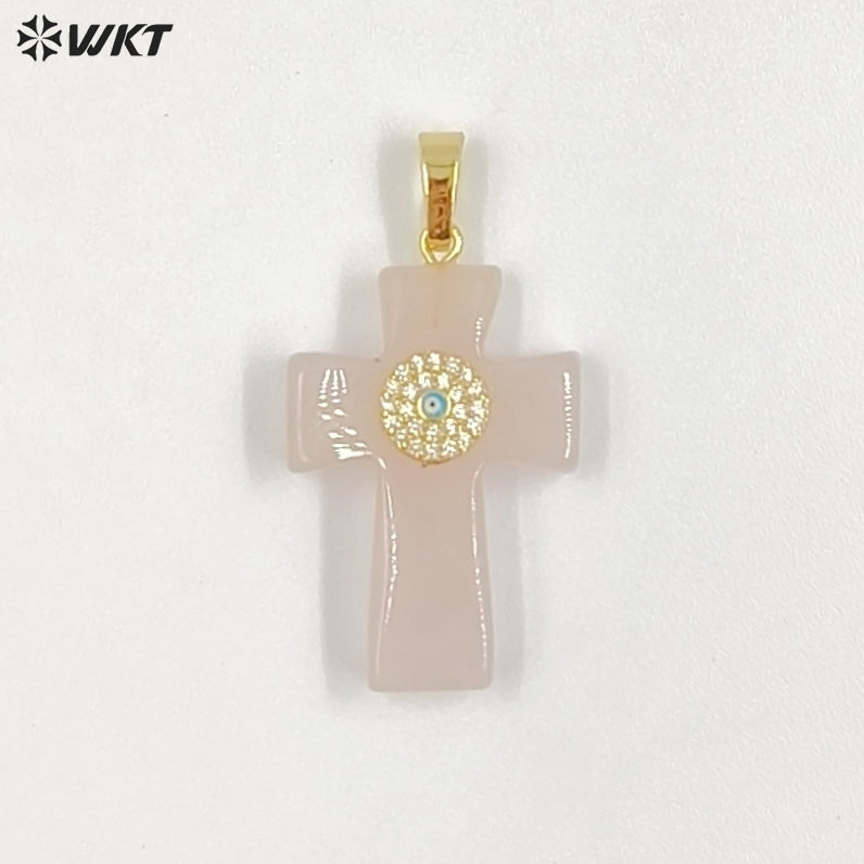 WT-P2046 Hot Sales Vintage Style Rose Quartz Multi Natural Gemstones With Zircon Cross Pendants For Women Fashion Jewelry Making