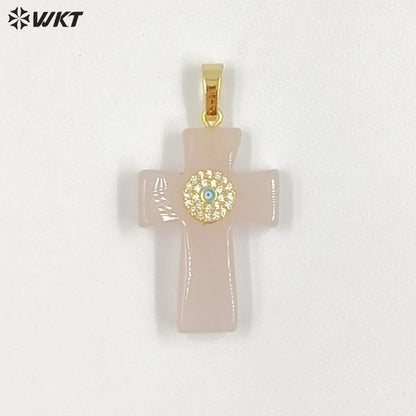 WT-P2046 Hot Sales Vintage Style Rose Quartz Multi Natural Gemstones With Zircon Cross Pendants For Women Fashion Jewelry Making