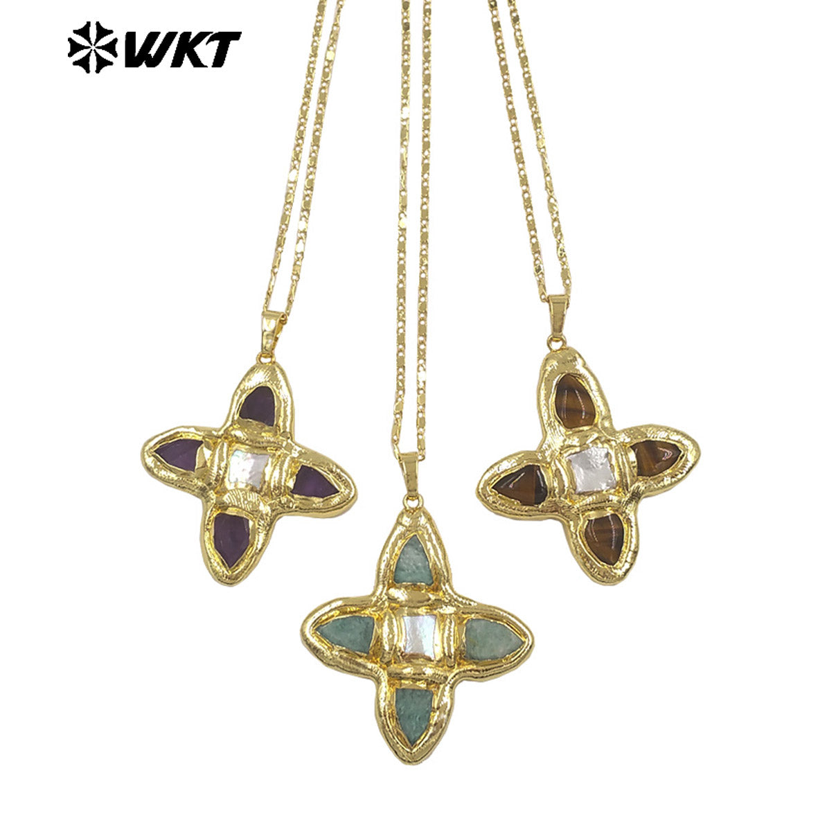 WT-JN363 Hot Sale Delicate Gold Plated Tiger Eye Natural Gemstones And Pearl Cross Pendants Necklace For Ladies Daily Match