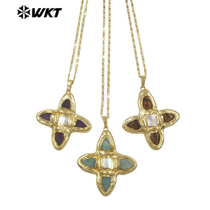 WT-JN363 Hot Sale Delicate Gold Plated Tiger Eye Natural Gemstones And Pearl Cross Pendants Necklace For Ladies Daily Match