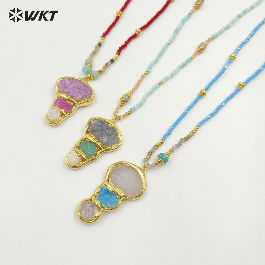 WT-N1452 Amazing Flame Color 3mm Beads Hand Strand With Natural Druzy Quartz Stone Pendant Fashion Boho Women Necklace