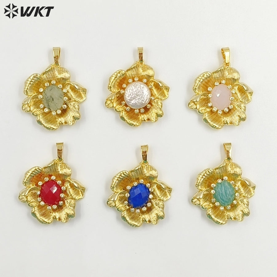 WT-P2049 Amazing Gold Plated Zircon And Multi Colors Natural Gemstones Flower Shape Pendants For Necklace Making Findings