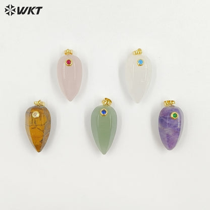 WT-P2048 Exquisite Unique Design Natural Gemstones Setting In Zircon Waterdrop Shape Pendants As Female Necklace DIY Accessory