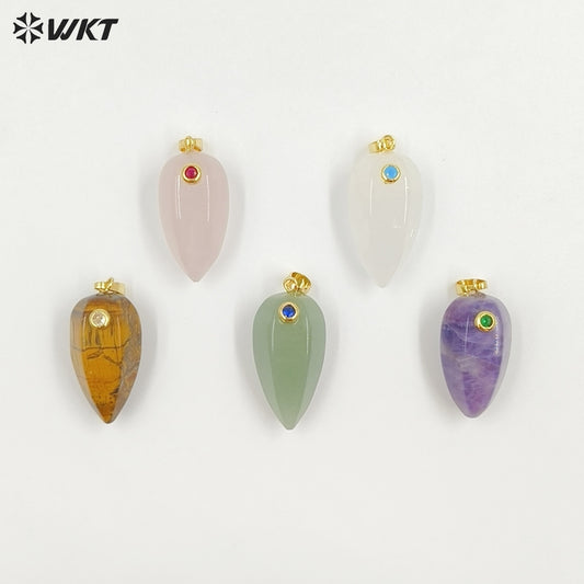 WT-P2048 Exquisite Unique Design Natural Gemstones Setting In Zircon Waterdrop Shape Pendants As Female Necklace DIY Accessory