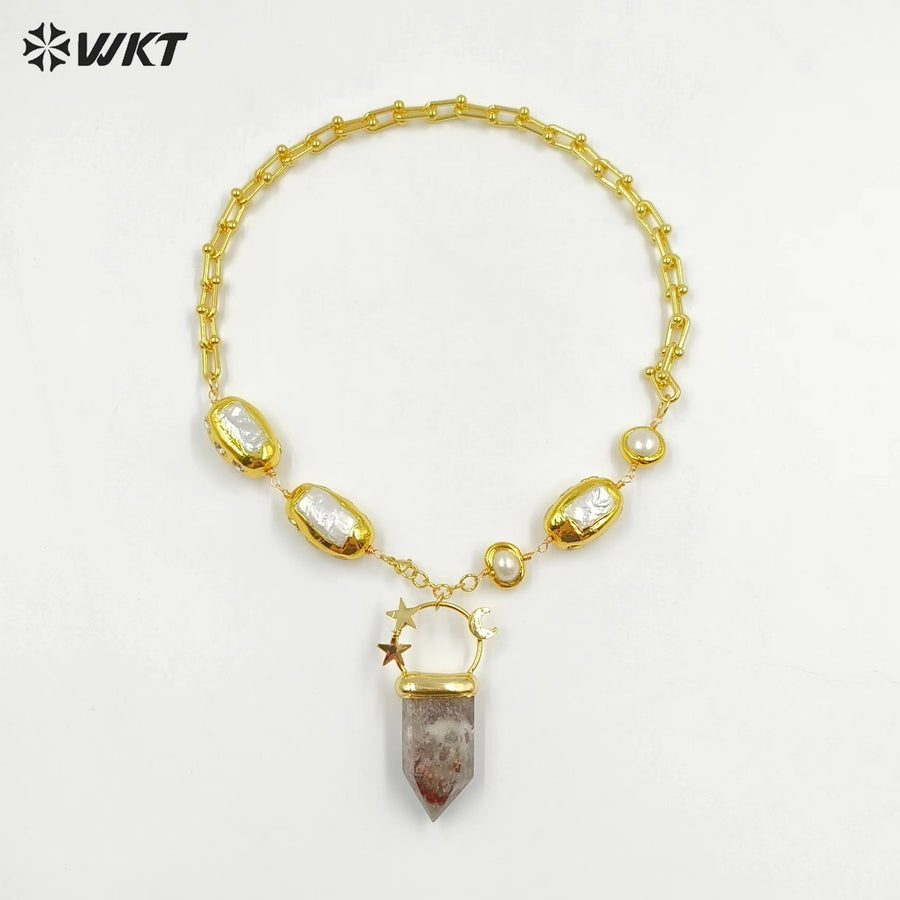 WT-JN255 Amazing WKT Unique Healing Energy Healing Quartz Stone With Real Pearl Beads Precious Pendant Necklace in 19 Inch Long