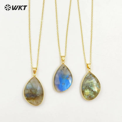 WT-N1453 Amazing Flashy Double Faceted Carving Natural Labradorite Stone Necklace With 18 Inch Chain Pendant Necklace