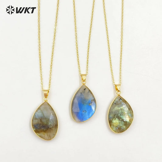 WT-N1453 Amazing Flashy Double Faceted Carving Natural Labradorite Stone Necklace With 18 Inch Chain Pendant Necklace