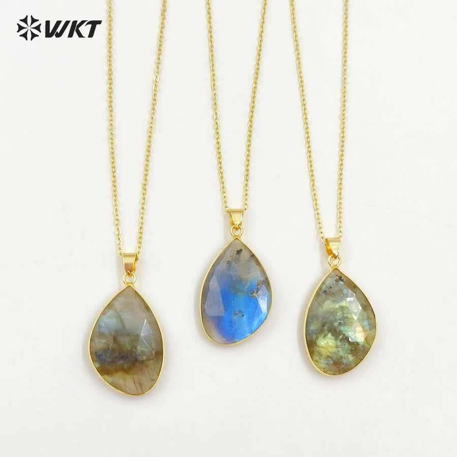 WT-N1453 Amazing Flashy Double Faceted Carving Natural Labradorite Stone Necklace With 18 Inch Chain Pendant Necklace