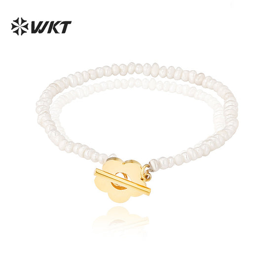 WT-MPB050 Vintage Simple Pearl Bracelet Stainless Steel Flower Connection Pearl Bracelet Women's Jewelry Pearl Bracelet
