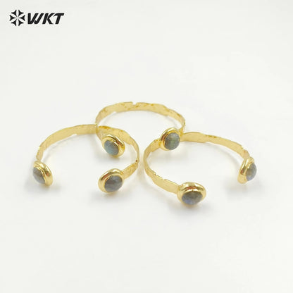 WT-B650 Newest Design Fashion 18K Real Gold Plated Resist Tarnishable Double Round Labradorite Stone Open Size Women Bangle
