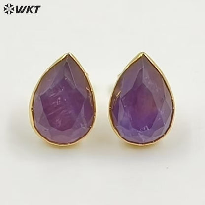 WT-E800 Fashion Classical Gold Plated Various Natural Gemstones Waterdrop Shape Earrings As Lady Elegant Jewelry Decoration